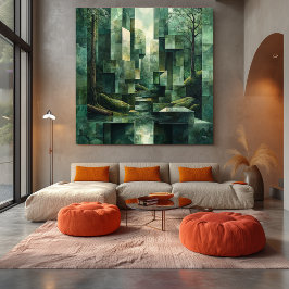 緑の色合いの幾何学的な森の抽象芸術 キャンバスプリント