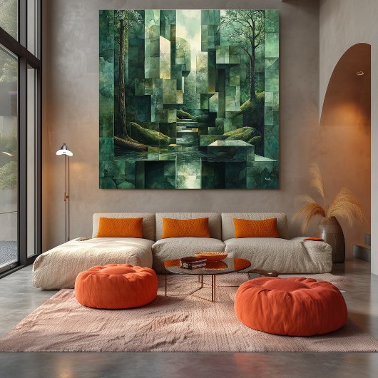 緑の色合いの幾何学的な森の抽象芸術 キャンバスプリント