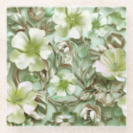 緑の色調、フローラルパターン ガラスコースター