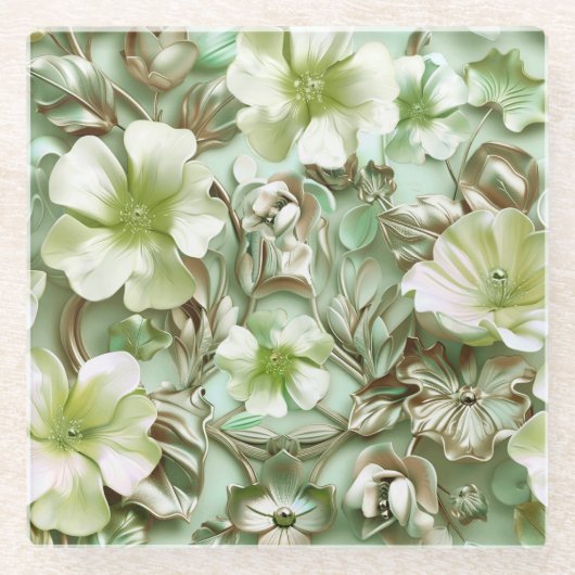 緑の色調、フローラルパターン ガラスコースター (正面)