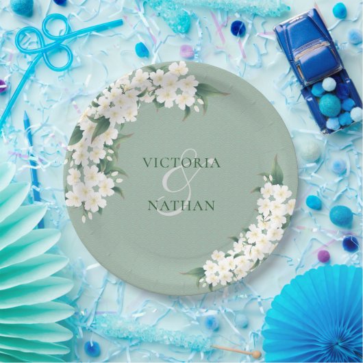 緑の色鮮やかな模様の白結婚い花 ペーパープレート (パーティー)