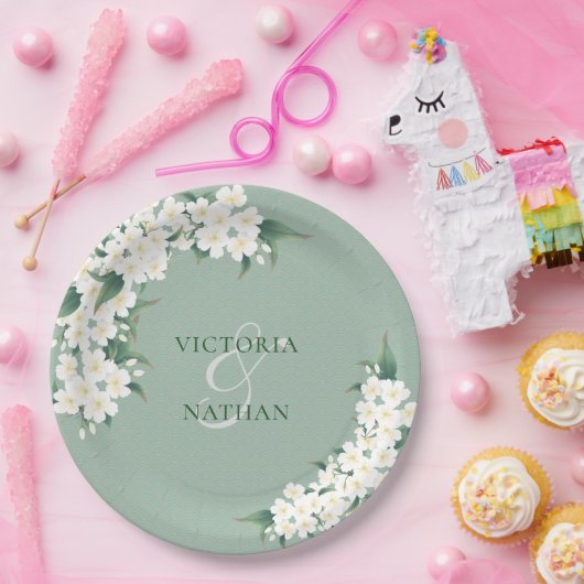 緑の色鮮やかな模様の白結婚い花 ペーパープレート (パーティー)