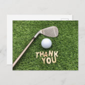 緑の芝生にサンクスと書かれたゴルフボール ポストカード (正面/裏面)