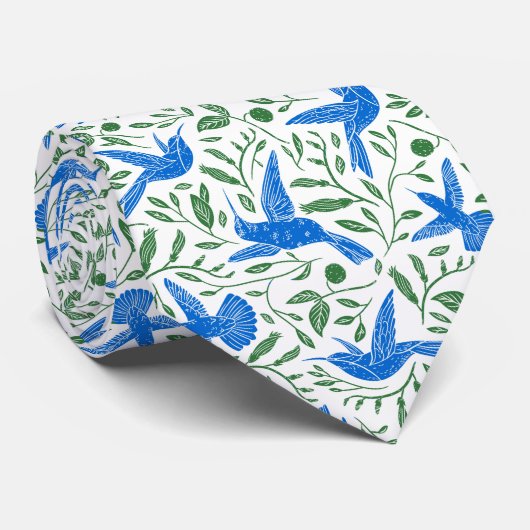 緑の花とを持つ青いハミングバ葉リ ネクタイ (ロール)