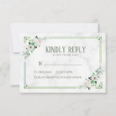 緑の花と白の大理石の結婚式RSVPカード サンキューカード (正面)