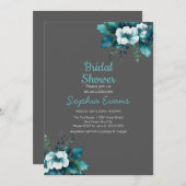 緑の花と葉の灰色の結婚前お披露目パーティー 招待状 (正面/裏面)
