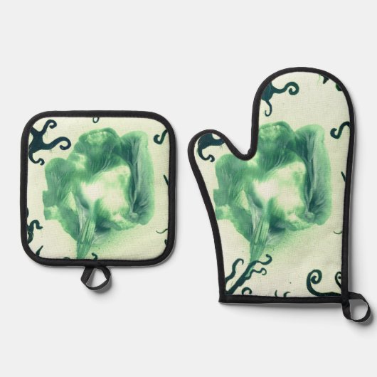 緑の花と蔦 鍋つかみ&鍋敷きセット (正面)
