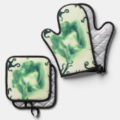 緑の花と蔦 鍋つかみ&鍋敷きセット (正面/裏面)