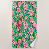 緑の花に名前、ピンクの蓮の花を追加葉 ビーチタオル (正面)