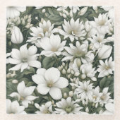 緑の花に植物性の白い葉花 ガラスコースター (正面)