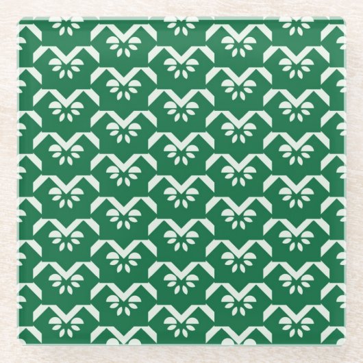 緑の花のジグザグ形 ガラスコースター (正面)
