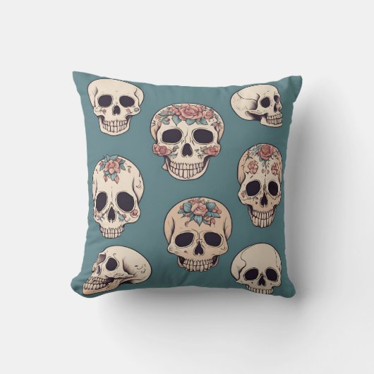 緑の花のスカルでハロウィンカラフルをアニメート クッション (正面)