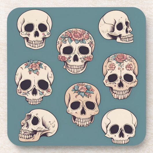 緑の花のスカルでハロウィンカラフルをアニメート コースター (正面)