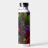 緑の花の模様を持つ深く赤いハイビスカス ウォーターボトル (右面)