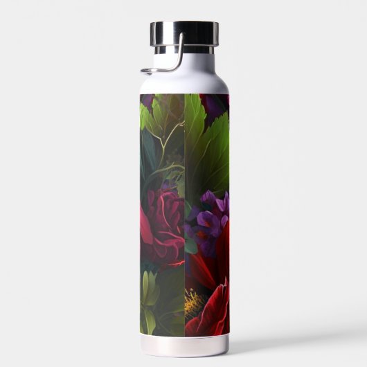 緑の花の模様を持つ深く赤いハイビスカス ウォーターボトル (右面)