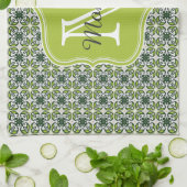 緑の花の模様（モノグラム） キッチンタオル (折り畳み)