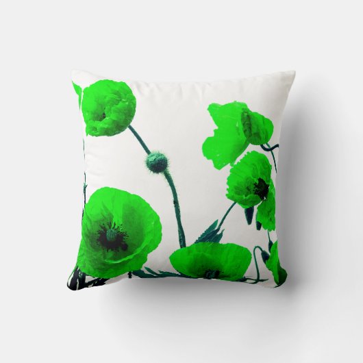 緑の花の水彩画のケシによっては白いモダンが開花します クッション (裏面)