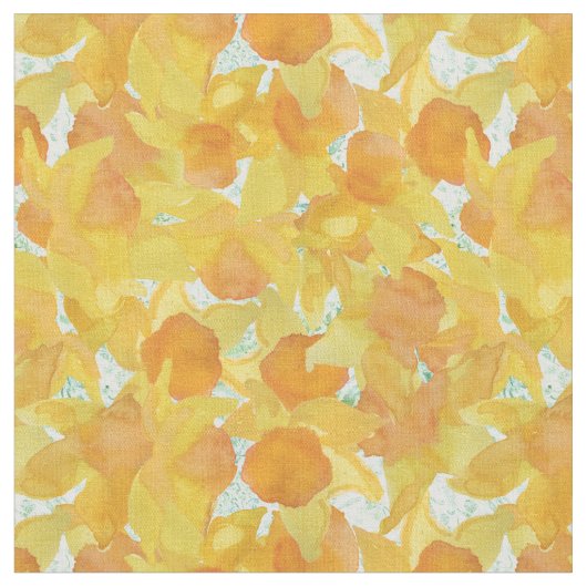 緑の花の生地の黄橙色のラッパスイセン ファブリック (クローズアップ)
