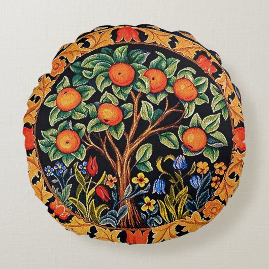 緑の花を持つオ葉レンジの木 ラウンドクッション (正面)