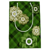 緑の花を持つ緑の格子模様 ミディアムペーパーバッグ (正面)