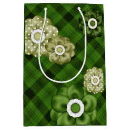 緑の花を持つ緑の格子模様 ミディアムペーパーバッグ