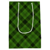 緑の花を持つ緑の格子模様 ミディアムペーパーバッグ (裏面)