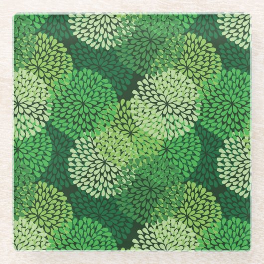 緑の花パターン ガラスコースター (正面)
