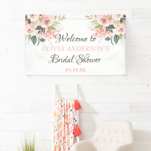 緑の花ピンクのローズウォーターブライダルシャワー 横断幕 (インサイチュ)