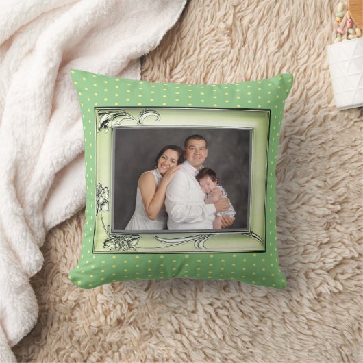 緑の花フォトフレーム画像イエロードットグリーン クッション (ブランケット)