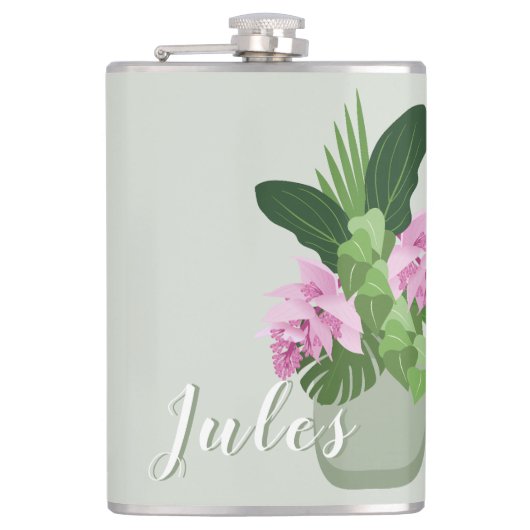 緑の花瓶名の熱帯メディニラピンクの花 フラスク (正面)