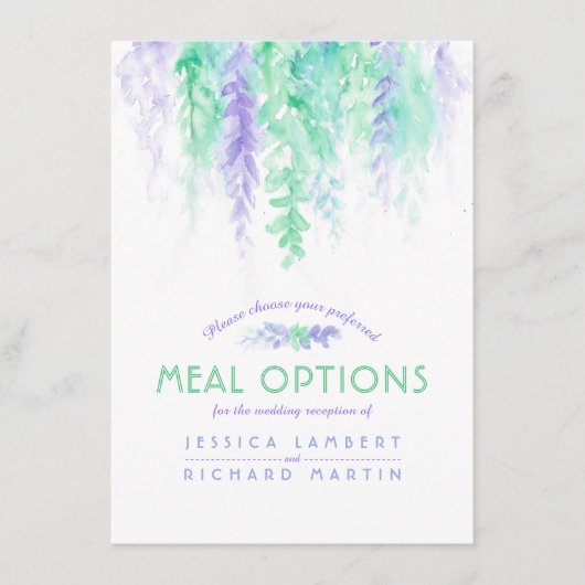 緑の花結婚のカスケード食事オプションカード エンクロージャーカード (正面)