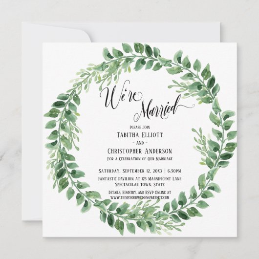 緑の花輪の「結婚しました」レセプションカードのみ 招待状 (正面)