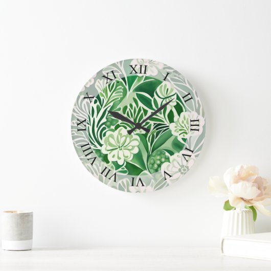 緑の花、ヴィンテージデザイン模様 ラージ壁時計 (ホーム)