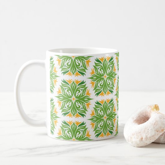 緑の花、花の模様、花の模様 コーヒーマグカップ (ドーナツ)