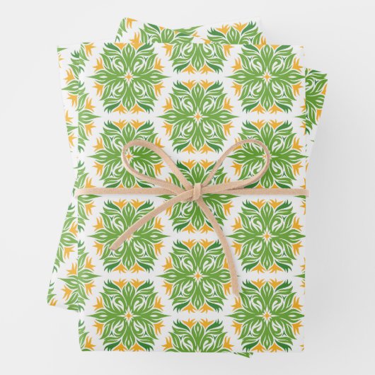 緑の花、花の模様、花の模様 ラッピングペーパーシート (インサイチュ)