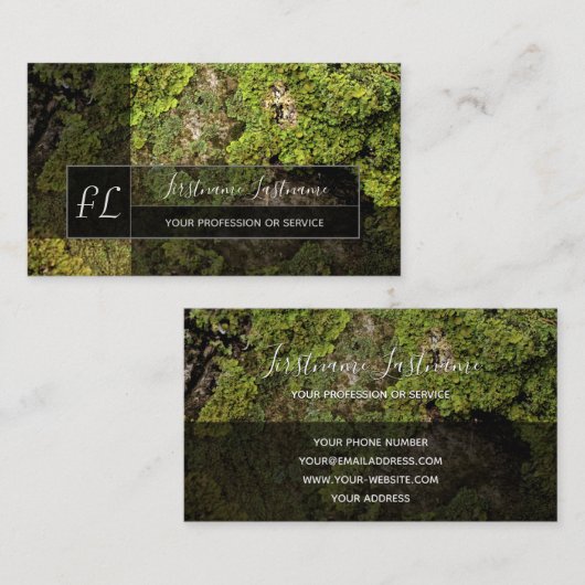 緑の苔の木の表面の灰色の長方形モノグラム 名刺 (正面/裏面)