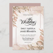 緑の茶色とベージュのフローラの結婚水色 招待状 (正面/裏面)