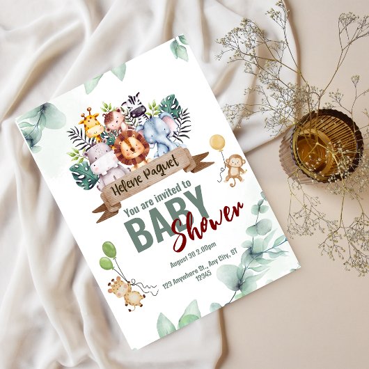 緑の茶色のエステティックサファリ動物の赤ちゃんシャワー 招待状