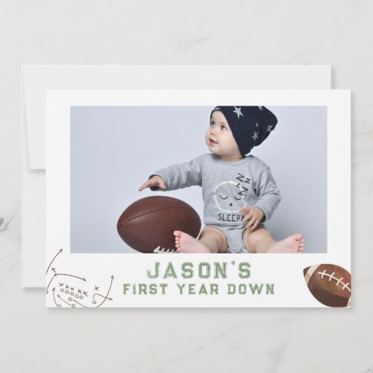 緑の茶色のフォトゲー遊ムサッカー第1誕生日 招待状 (裏面)