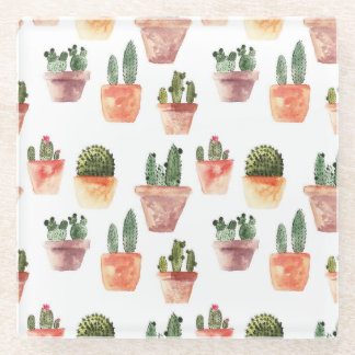 緑の茶色のポットサボパターン ガラスコースター