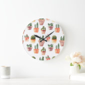 緑の茶色のポットサボパターン ラージ壁時計 (ホーム)