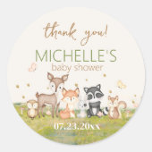 緑の茶色の男の子の水色のウッドランド動物 ラウンドシール (正面)