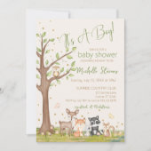 緑の茶色の男の子の水色のウッドランド動物 招待状 (正面)