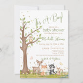 緑の茶色の男の子の水色のウッドランド動物 招待状 (正面)