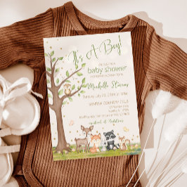 緑の茶色の男の子の水色のウッドランド動物 招待状