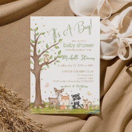 緑の茶色の男の子の水色のウッドランド動物 招待状
