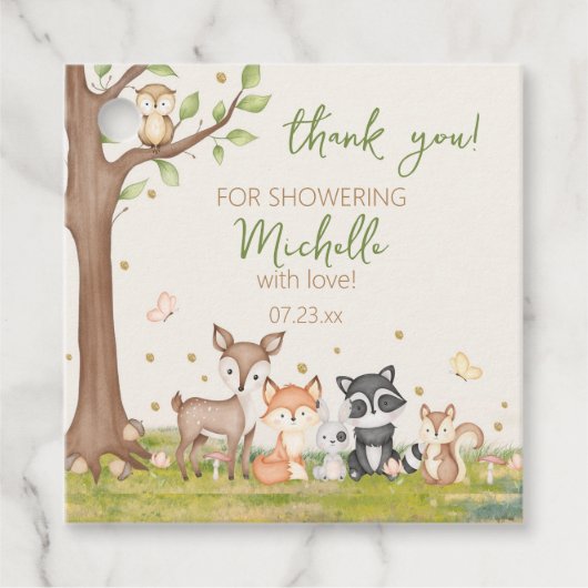 緑の茶色の男の子の水色ウッドランドアニマルズスクエア フェイバータグ (正面)