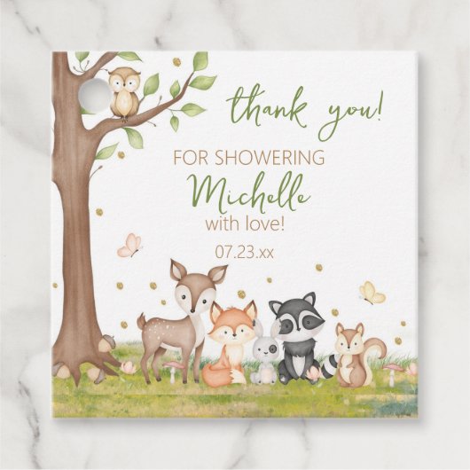 緑の茶色の男の子の水色ウッドランドアニマルズスクエア フェイバータグ (正面)