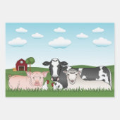 緑の草と青い空を持つ漫画の農園動物 ラッピングペーパーシート (正面)