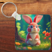 緑の草の上にかわいいピンクのバニー キーホルダー (正面)